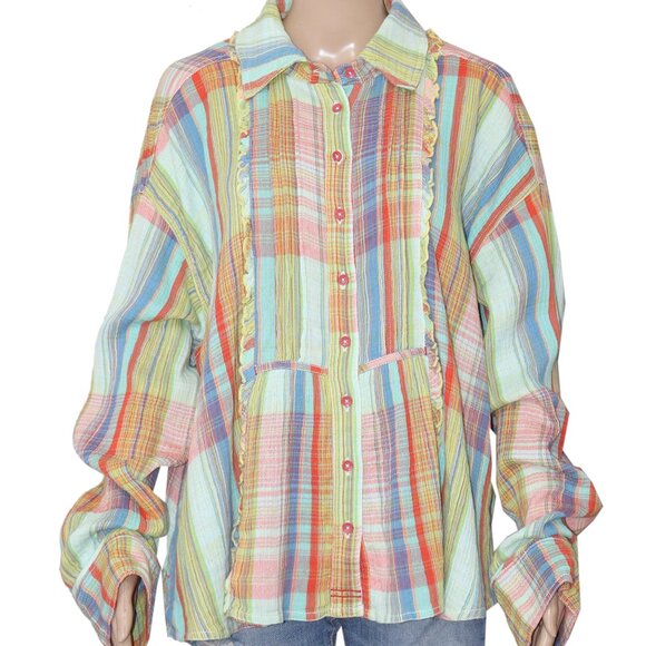 Free People We The Free Madras Top Printed Ruffle Dropped Shoulder - Picture 4 of 7